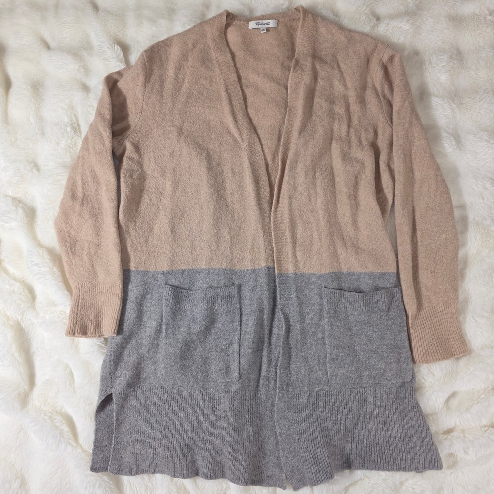 Madewell Cardigan Women Medium Tan Grey Excellent J8607 Colorblock Merino Alpaca